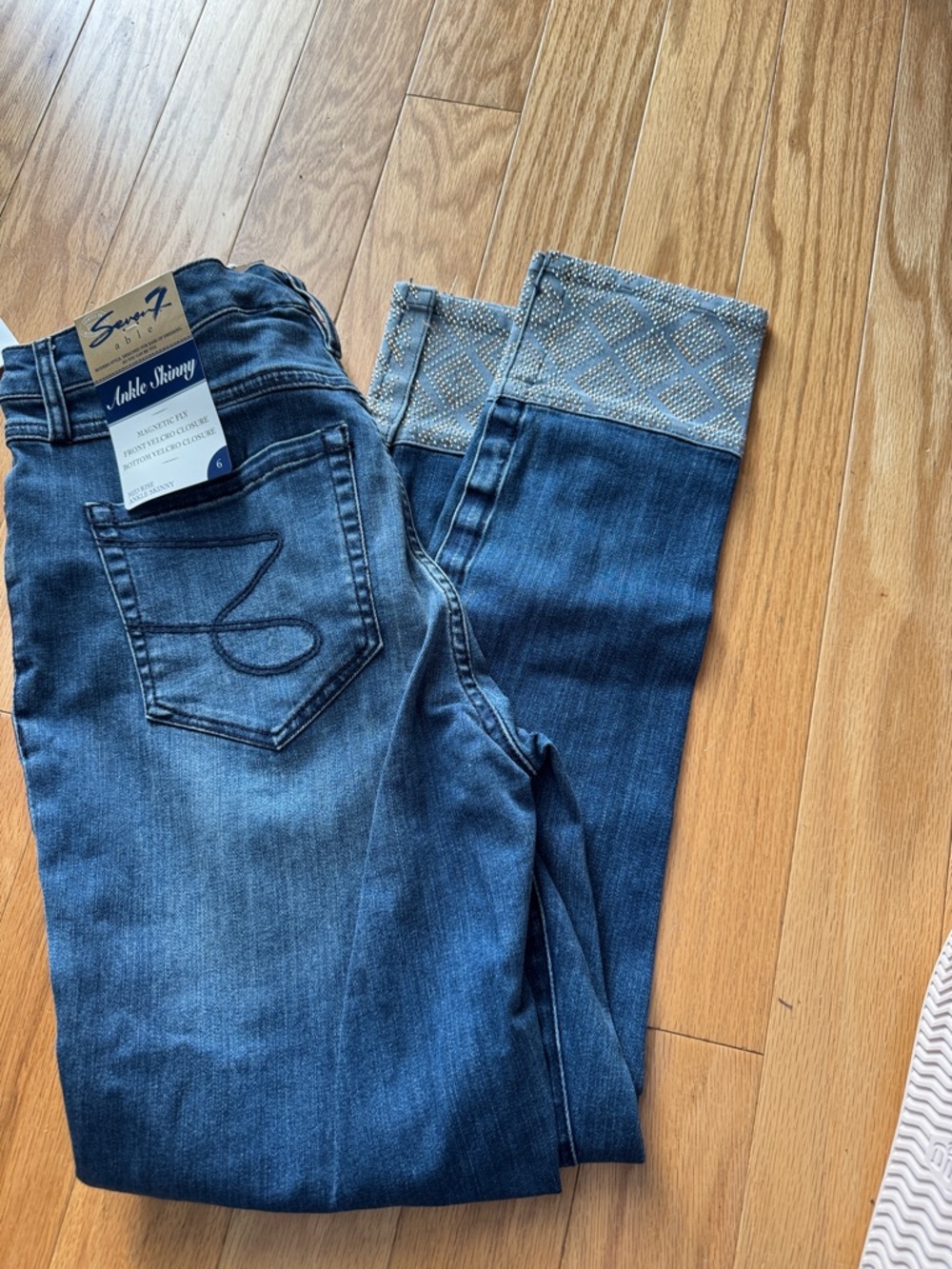 Seven7 Dark Blue Skinny Jeans with Embellished Cuffed Hem